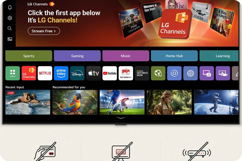 LG Channels interface presenting free live television, movies and on-demand entertainment.