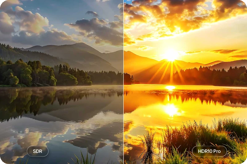 Split scenic comparison showing deeper contrast and brighter highlights with LG HDR10 Pro.