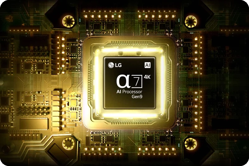 Alpha 7 AI Processor 4K Gen9 glowing at the center of a circuit board.