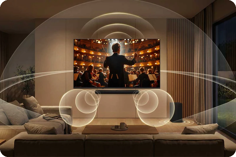 Musicians performing around an LG television and soundbar to illustrate WOW Orchestra surround sound.
