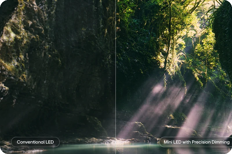 LG QNED evo television demonstrating Mini LED Precision Dimming with detailed light and shadow.
