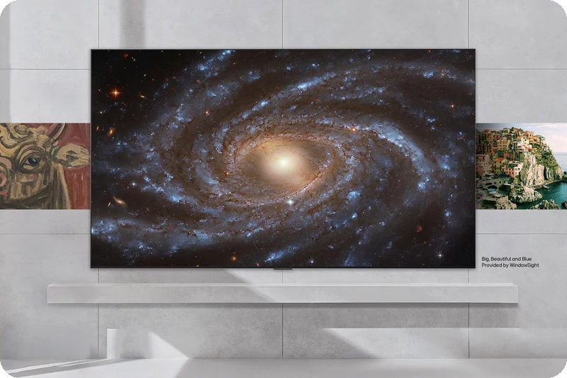 LG Gallery Plus displaying curated artwork on a QNED evo television in a stylish living space.