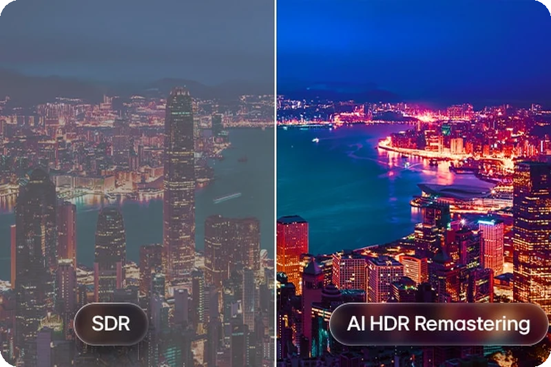 Split cityscape comparison showing SDR and AI HDR Remastering with brighter lights and deeper contrast.