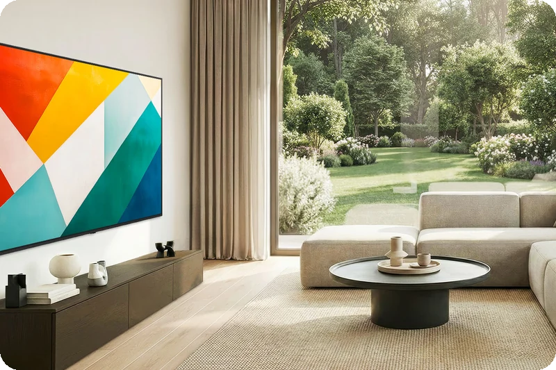 Wall-mounted LG QNED evo television showing its super-slim side profile in a modern interior.