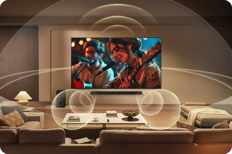 Musicians performing around an LG television and soundbar to illustrate WOW Orchestra surround sound.