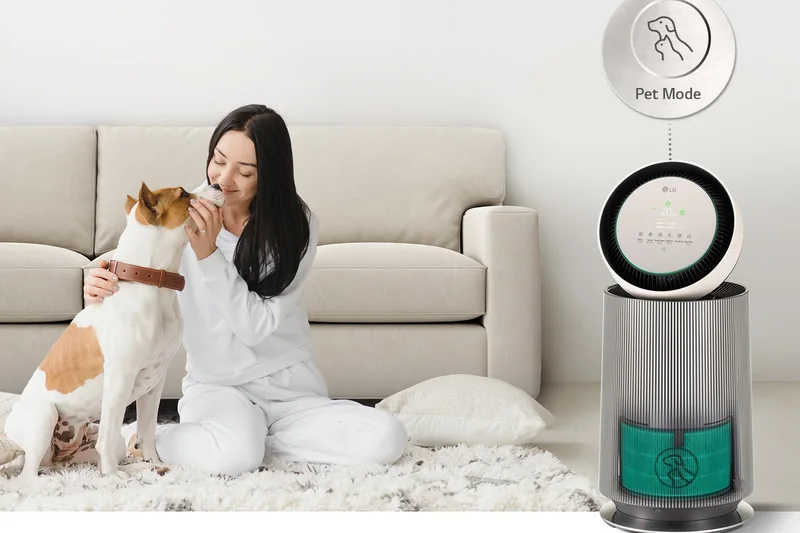 LG PuriCare AS65GDBY0 Pet Care mode beside a pet owner and dog