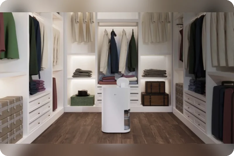 LG PuriCare DD16GMWE1 rapidly dehumidifying a laundry and wardrobe area
