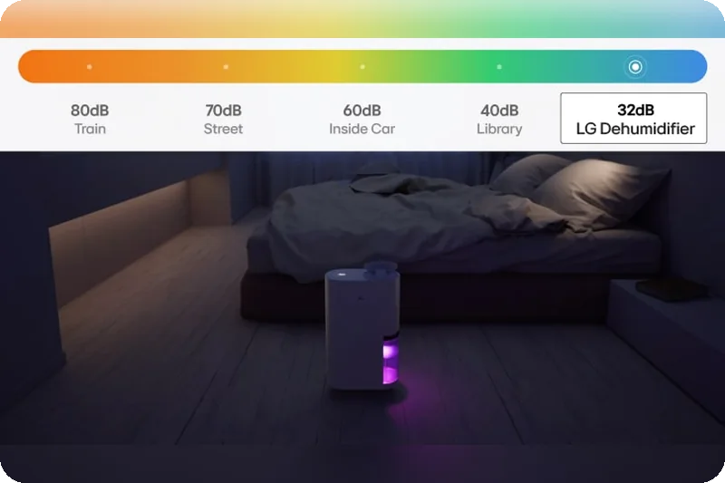 LG PuriCare DD16GMWE1 quiet operation below 32 decibels in a bedroom