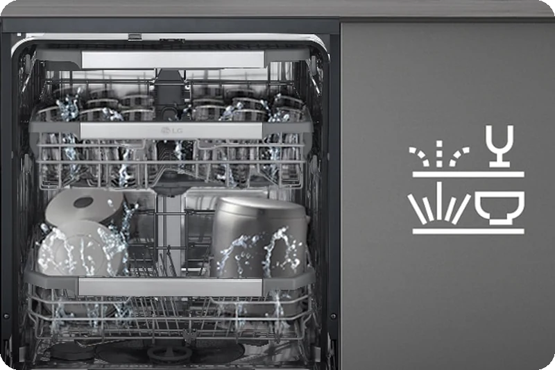 Dishwasher upper rack washing gently and lower rack washing powerfully.