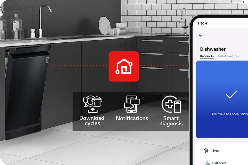 Modern kitchen with an LG dishwasher and ThinQ Download Cycles, notifications and Smart Diagnosis.