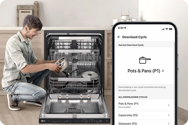 A woman setting dishwasher cleaning-cycle preferences with the LG ThinQ app.