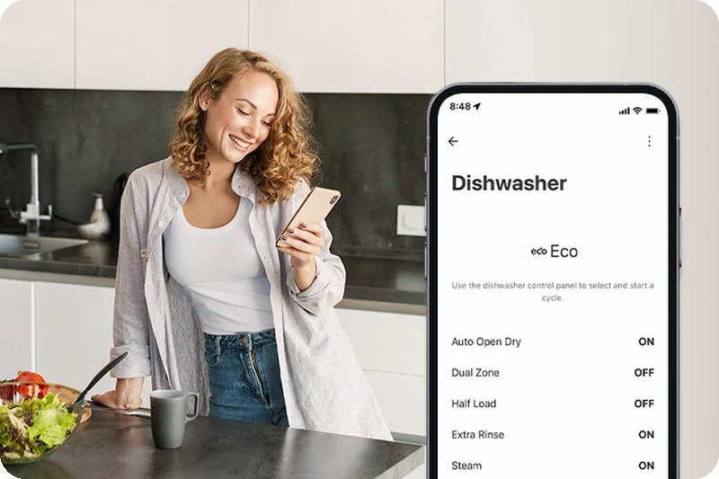 A woman viewing dishwasher personalization settings in the ThinQ app.