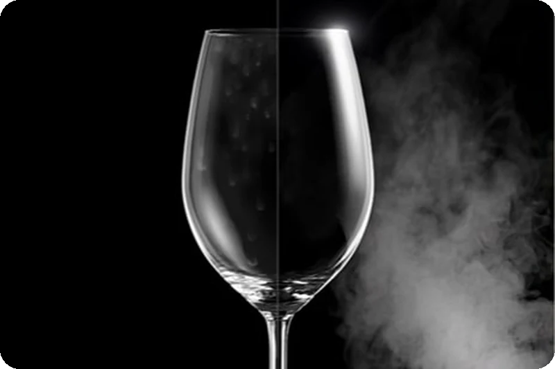 A wine glass with water spots on one side, and clear and pristine on the other after steam washing.