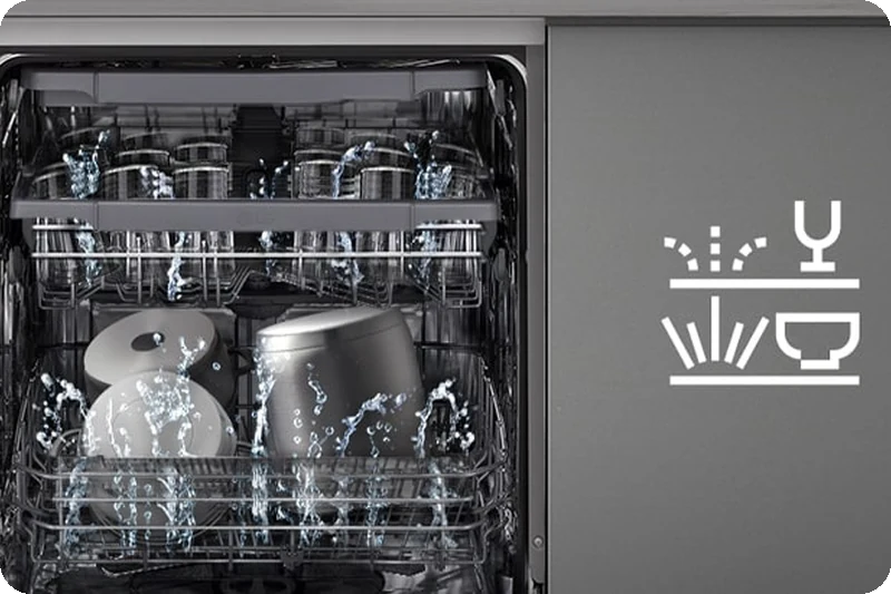 Dishwasher upper rack washing gently and lower rack washing powerfully.