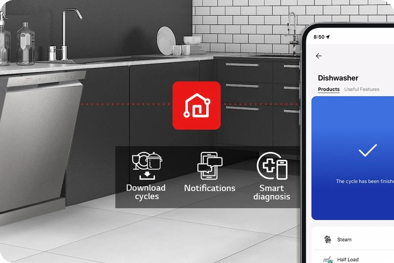 Modern kitchen with an LG dishwasher and ThinQ Download Cycles, notifications and Smart Diagnosis.