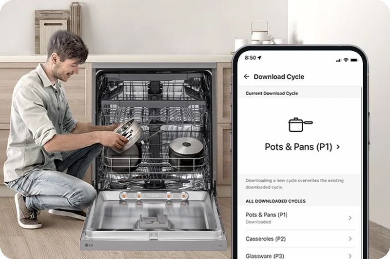 A woman setting dishwasher cleaning-cycle preferences with the LG ThinQ app.