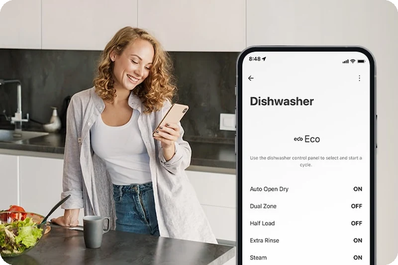 A woman viewing dishwasher personalization settings in the ThinQ app.