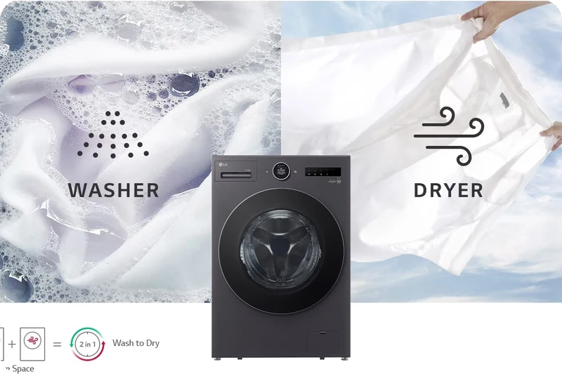 LG front-load washer dryer combining washing and drying in one appliance.