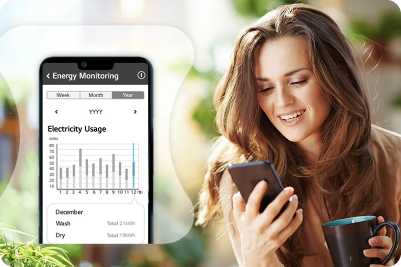 LG ThinQ app monitoring washer energy use and maintenance information.