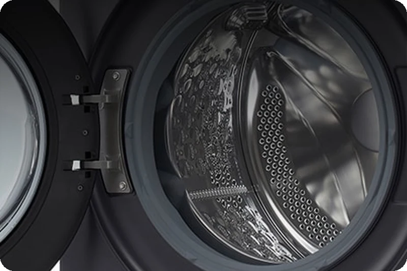 Durable stainless-steel drum inside the LG washer dryer.