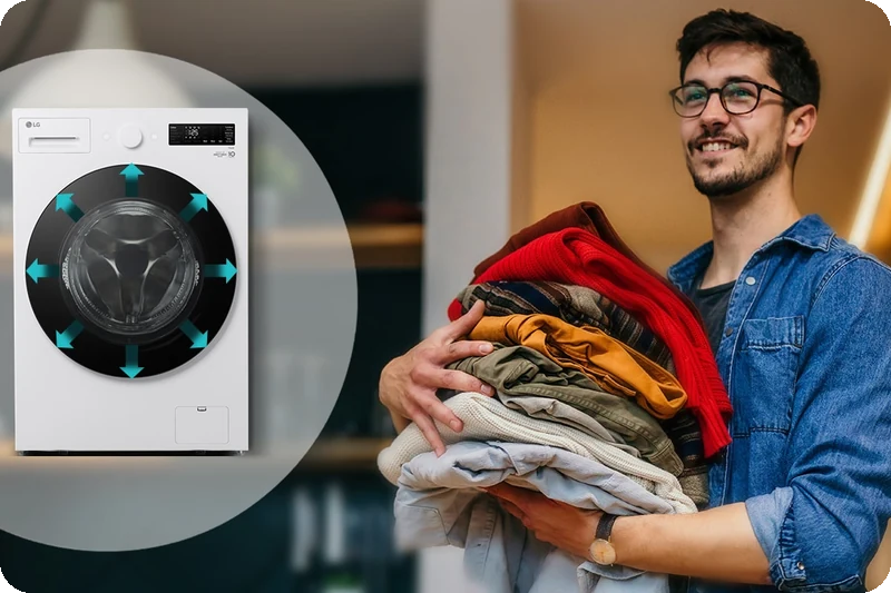 A large LG front-load washer drum beside a person holding a full basket of clean laundry.