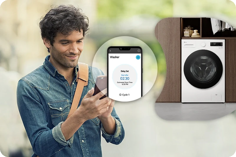A smartphone using the LG ThinQ app to control the washing machine.