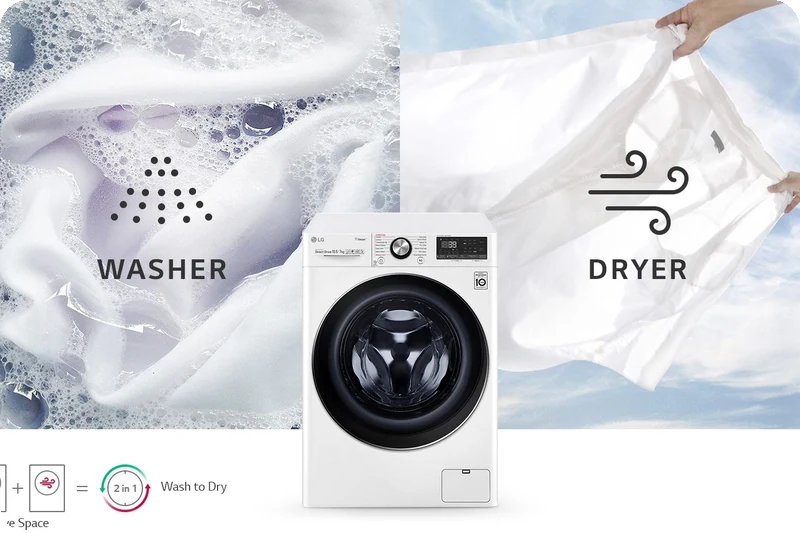LG front-load washer dryer combining washing and drying in one appliance.