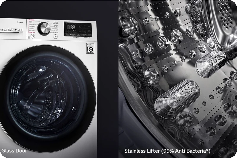 Tempered-glass washer door and durable stainless-steel drum lifters.