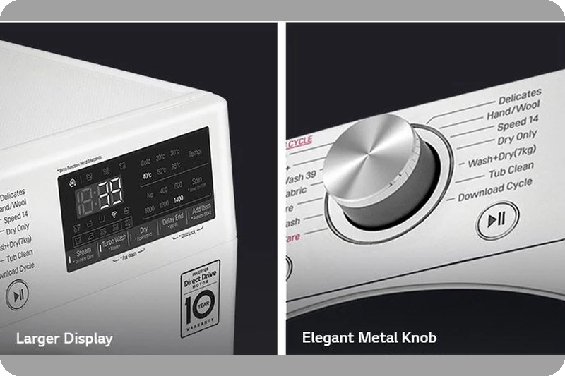 Large metallic washer control knob and clear display panel.