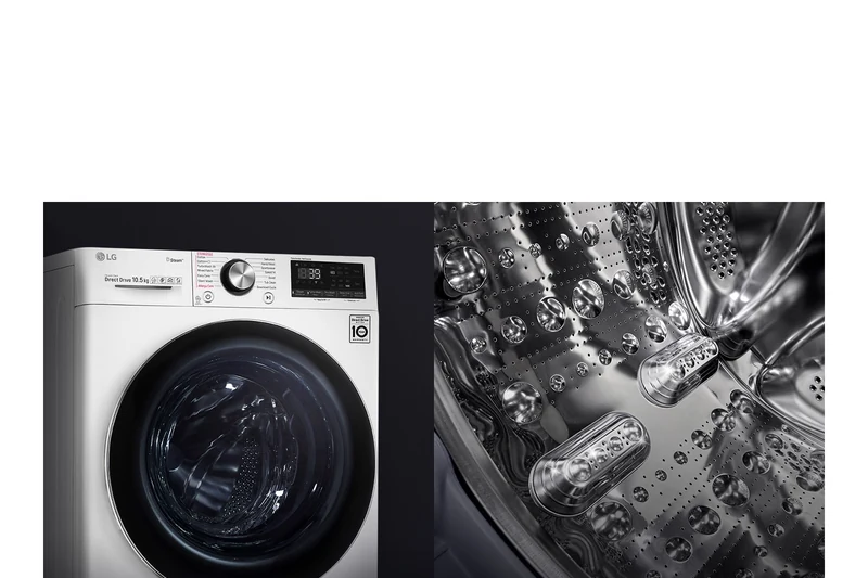 Tempered-glass washer door and hygienic stainless-steel drum lifters.