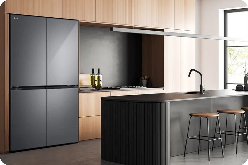Modern kitchen interior with InstaView fridge.