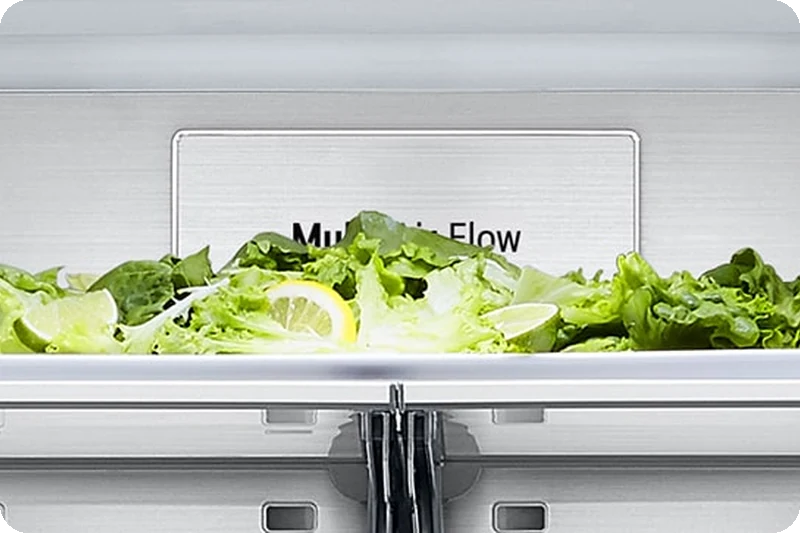 Close-up of the Metal Fresh label inside the refrigerator.