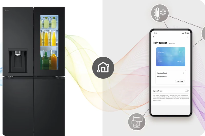 Woman using LG ThinQ with the GC-G22FFQAB refrigerator