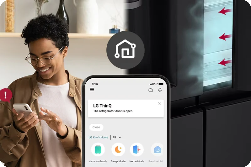LG ThinQ open refrigerator door alert shown on a smartphone
