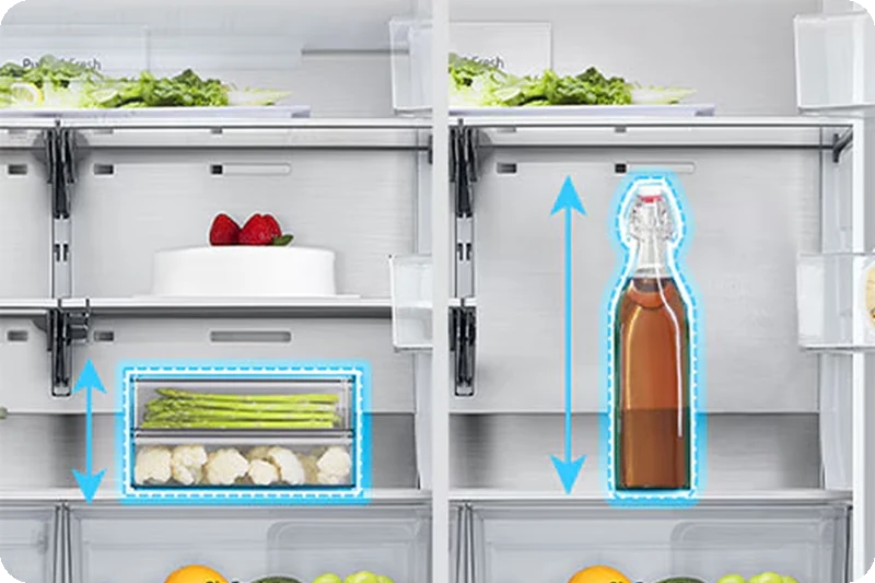 Retractable refrigerator shelf folded to accommodate a tall bottle