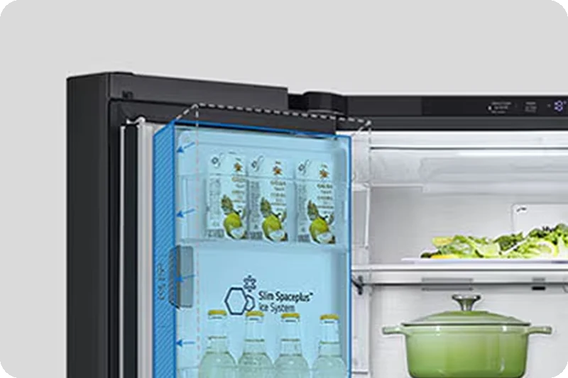 Slim SpacePlus ice maker installed inside the refrigerator door