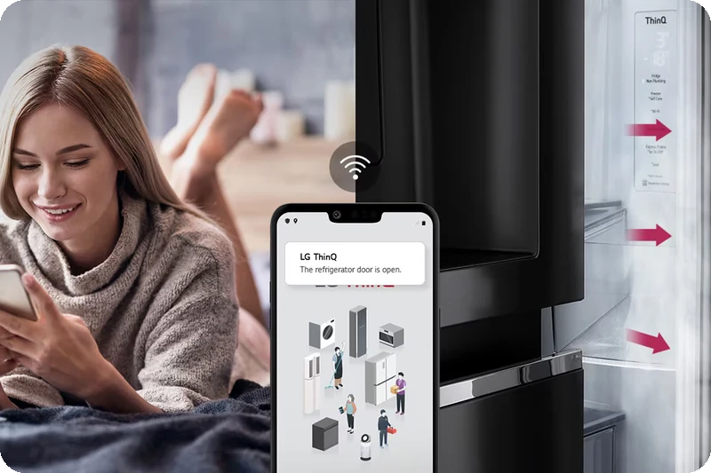 LG ThinQ refrigerator door-open alert on a smartphone