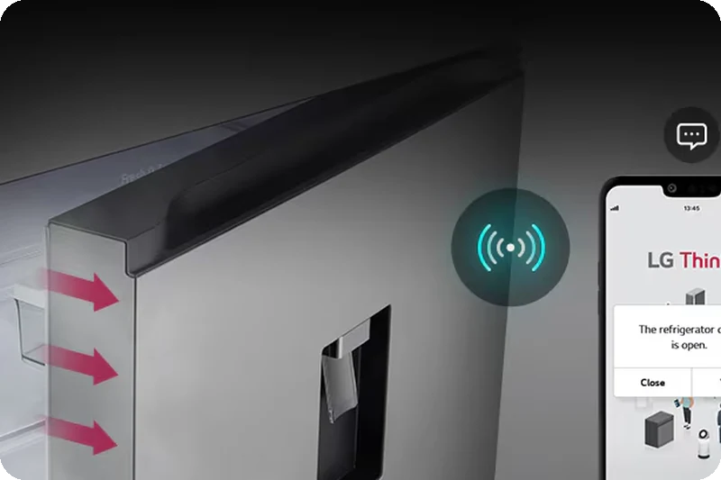 LG ThinQ refrigerator door-open alert on a smartphone