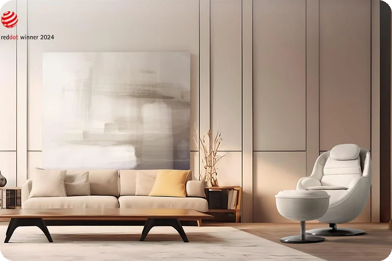 LG Arte massage chair styled as an elegant curved recliner in a modern room.