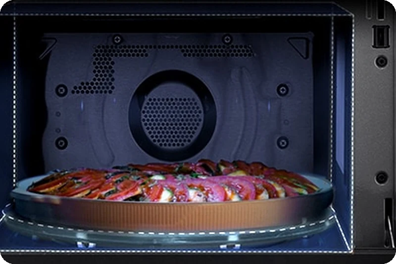 A large dish fitting inside the spacious LG NeoChef microwave.