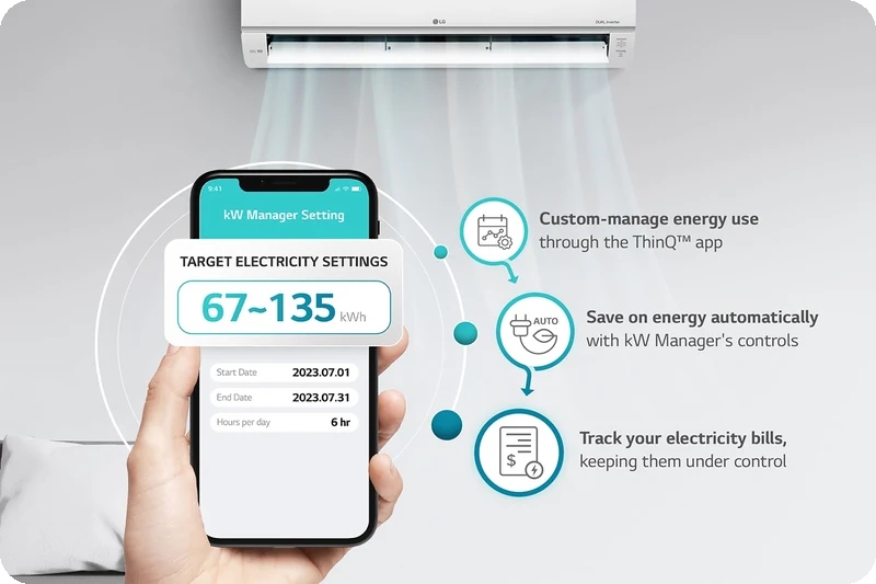 LG ThinQ kW Manager showing an air-conditioner energy-use target.