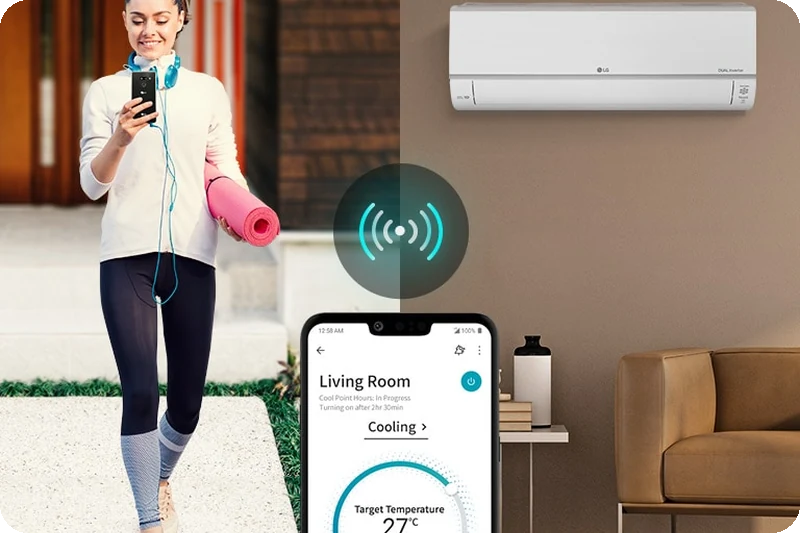 LG ThinQ remote air-conditioner controls displayed on a smartphone.
