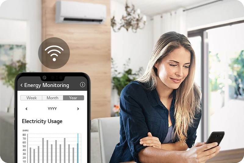 LG ThinQ displaying air-conditioner monitoring information.