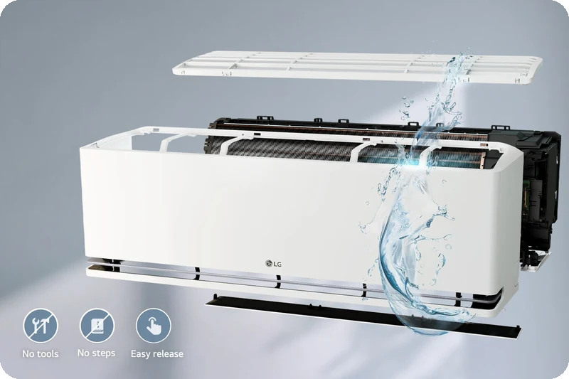 LG air conditioner with detachable parts designed for easy cleaning.