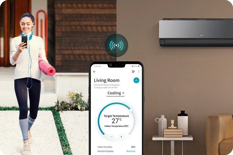 LG ThinQ remote air-conditioner controls displayed on a smartphone.