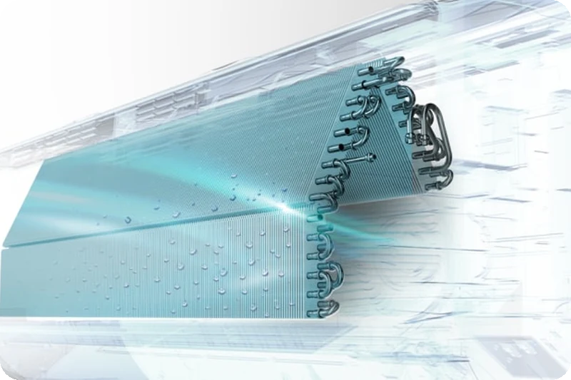 Air conditioner heat exchanger with Auto Clean Plus airflow and moisture removal.