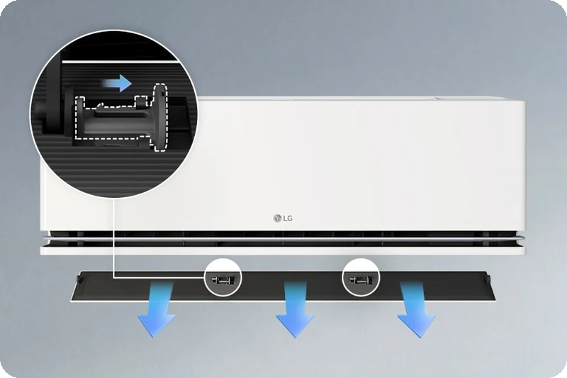 LG air conditioner lower vane detaching with its release switch highlighted.