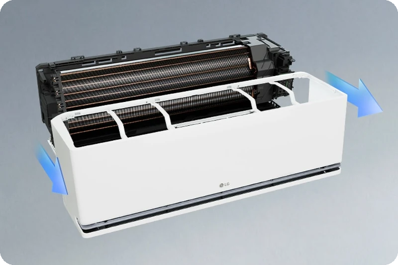 LG air conditioner front case opening to expose internal parts for cleaning.
