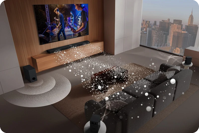 LG S60TR 5.1-channel Soundbar, subwoofer and rear speakers filling a living room with surround sound.