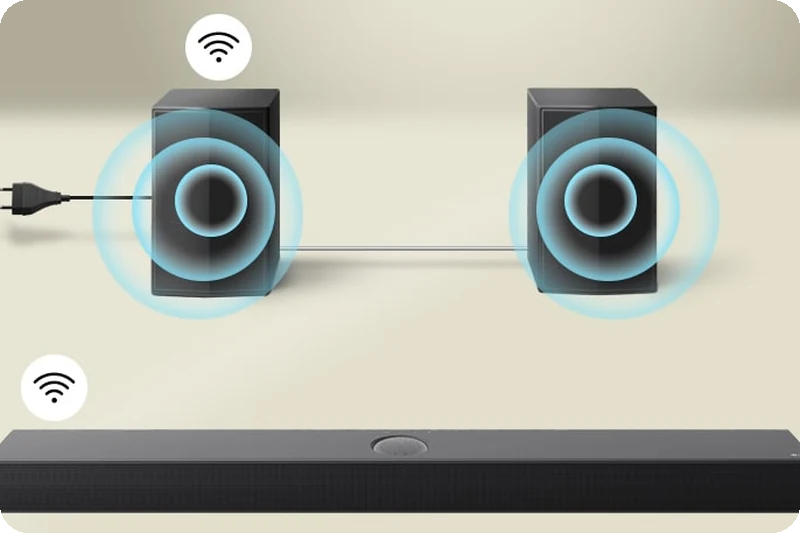 LG S60TR rear speakers connected together and linked wirelessly to the main soundbar.